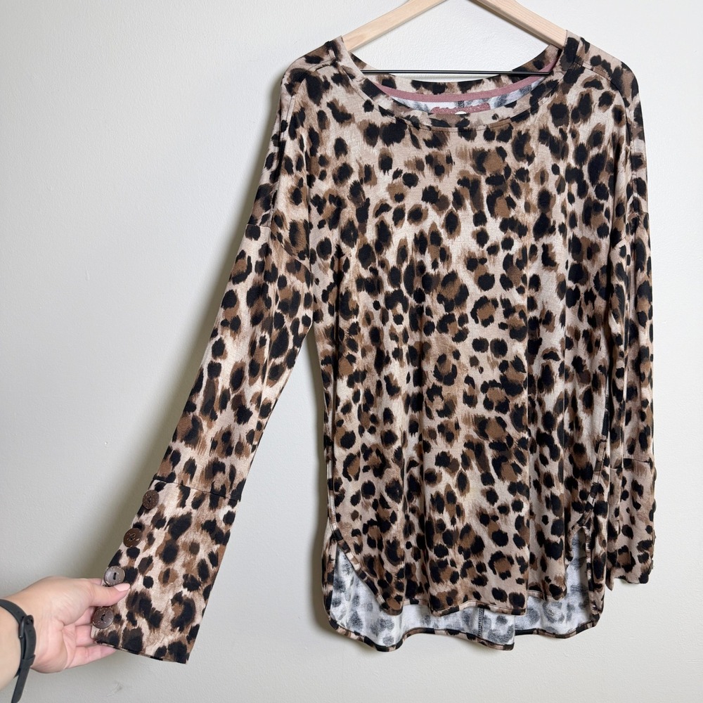 Cupio Blush Leopard Print Sweatshirt Brown Black Button Cuff L Boho Office